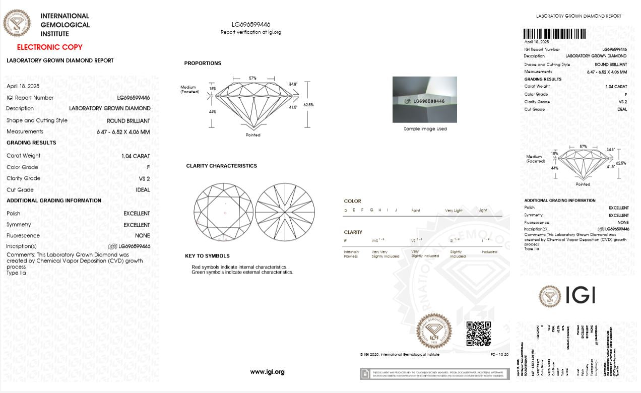 1.04CT VS2 F 696599446 Round Cut Lab Grown Diamond