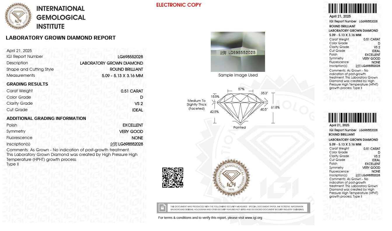 0.51CT VS2 D 698552028 Round Cut Lab Grown Diamond