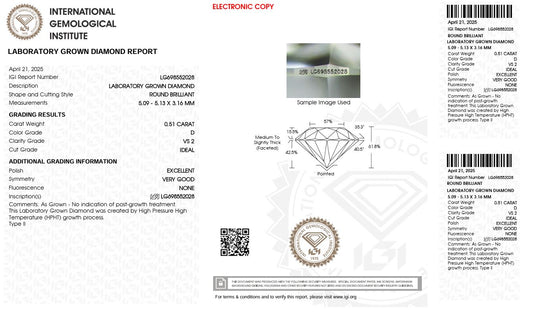 0.51CT VS2 D 698552028 Round Cut Lab Grown Diamond