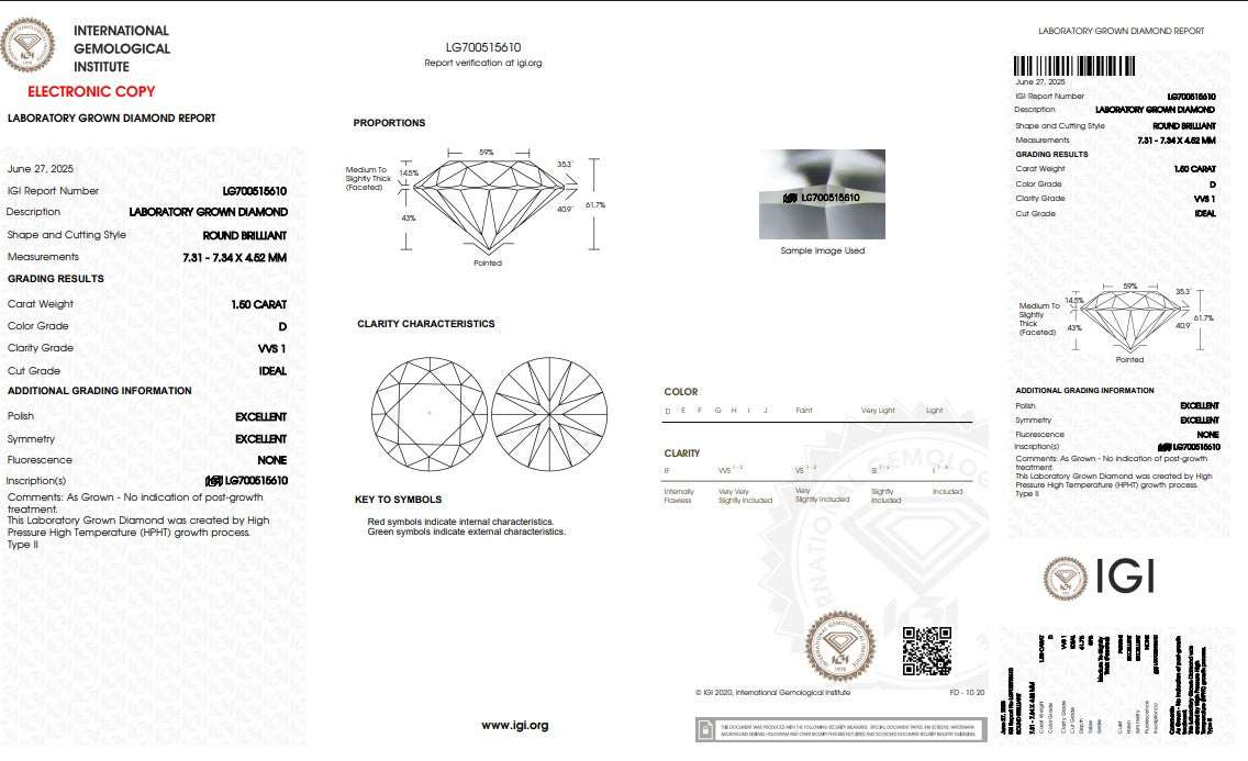 1.5CT VVS1 D 700515610 Round Cut Lab Grown Diamond