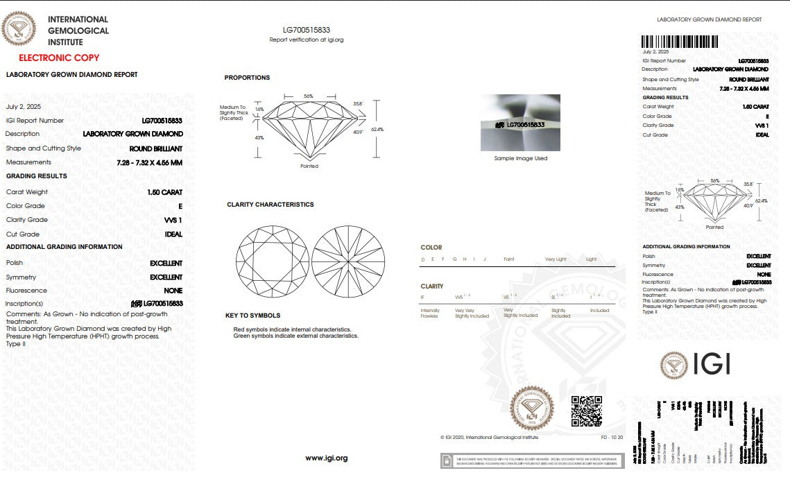 1.50CT VVS1 E 700515833 Round Cut Lab Grown Diamond