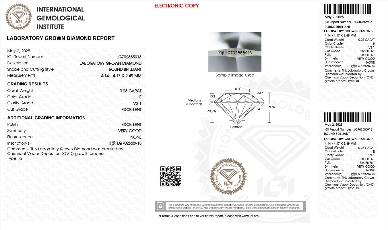 0.26CT VS1 E 702555913 Round Cut Lab Grown Diamond