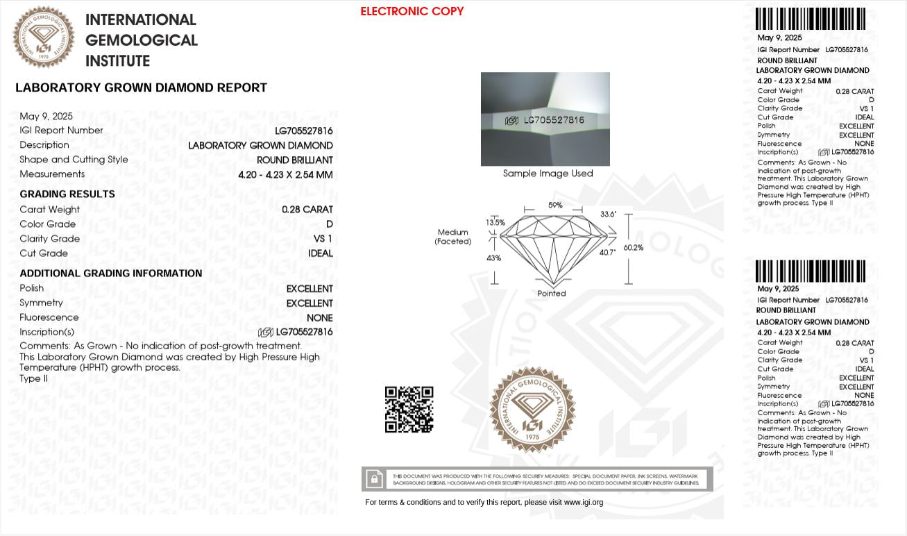 0.28CT VS1 D 705527816 Round Cut Lab Grown Diamond