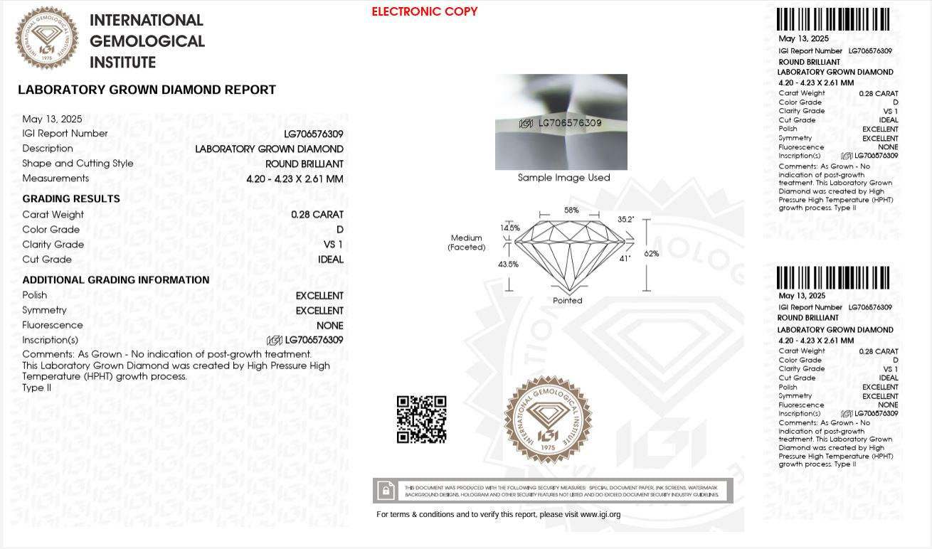 0.28CT VS1 D 706576309 Round Cut Lab Grown Diamond