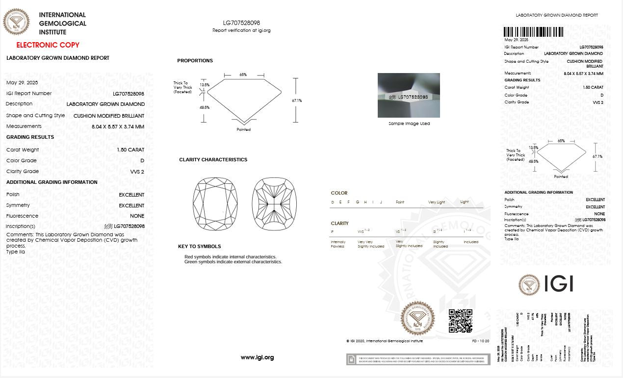 1.50CT VVS2 D 707528098 Cushion Cut Lab Grown Diamond
