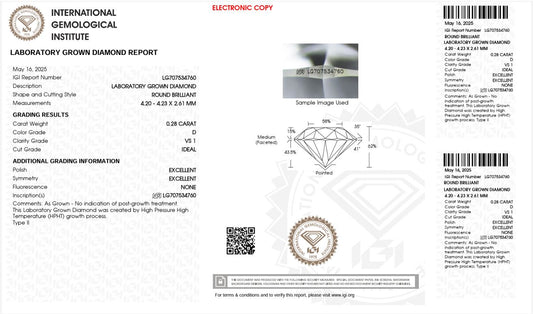 0.28CT VS1 D 707534760 Round Cut Lab Grown Diamond