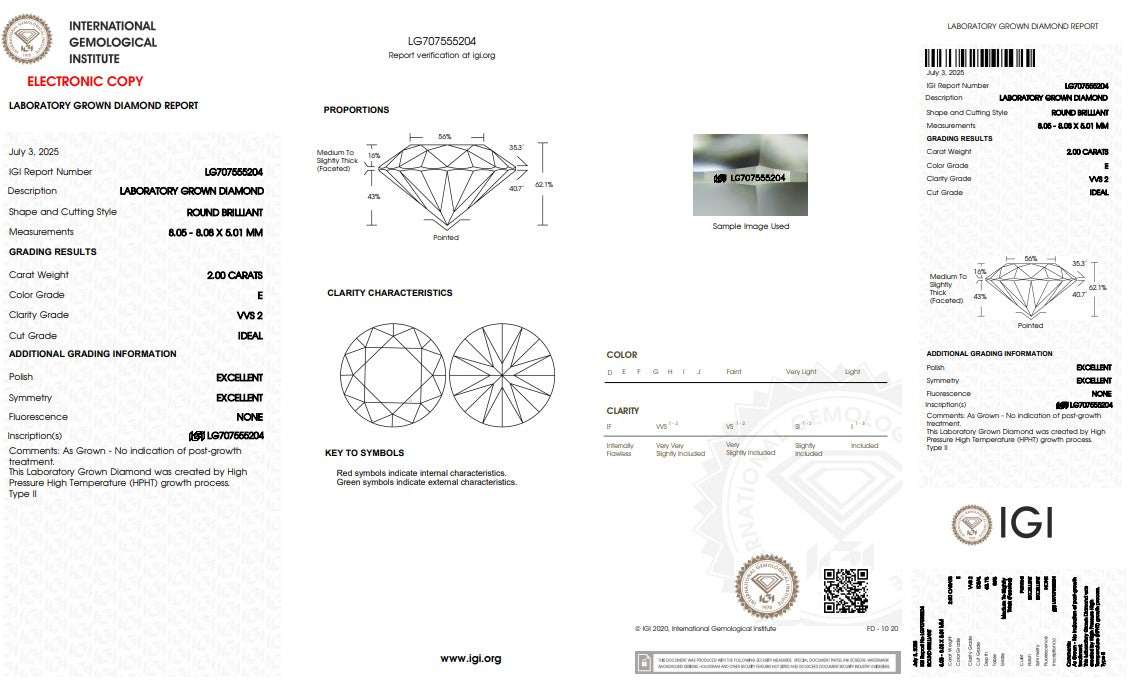 2CT VVS2 E 707555204 Round Cut Lab Grown Diamond