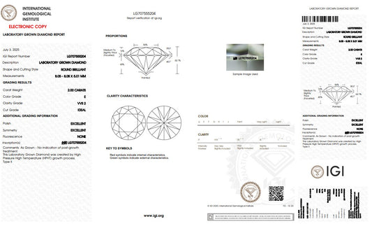 2CT VVS2 E 707555204 Round Cut Lab Grown Diamond