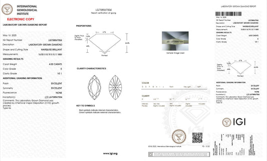 4.0CT VS1 E 708567004 Marquise Cut Lab Grown Diamond