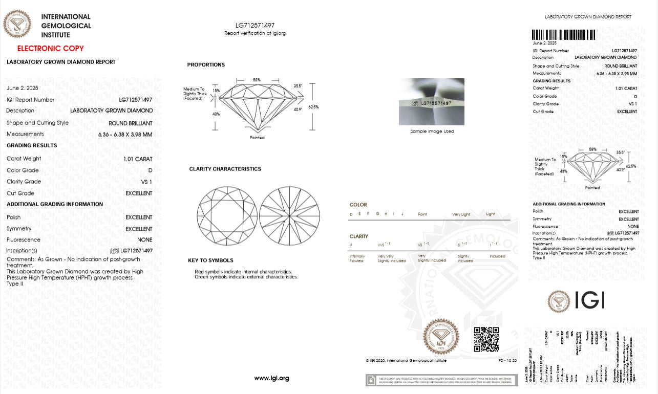 1.01CT VS1 D 712571497 Round Cut Lab Grown Diamond