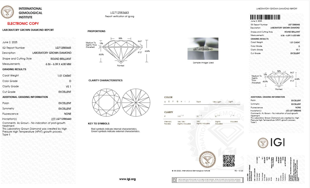 1.01CT VS1 D 712583443 Round Cut Lab Grown Diamond