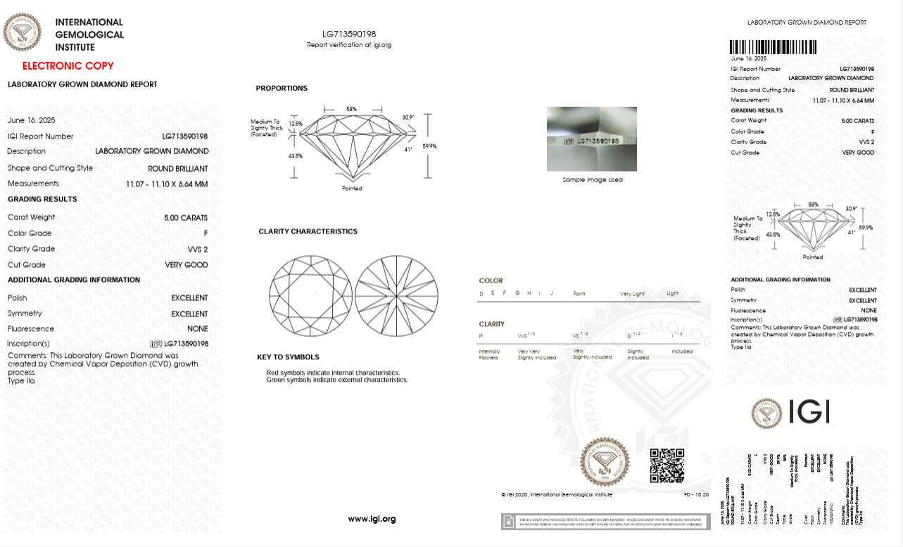5.0ct VVS2 F 713590198 Round Cut Lab Grown Diamond