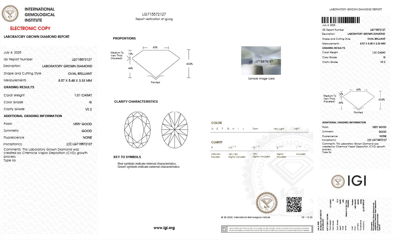 1.01CT VS2 G 715572127 Oval Cut Lab Grown Diamond