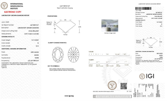 1.01CT VS2 G 715572127 Oval Cut Lab Grown Diamond