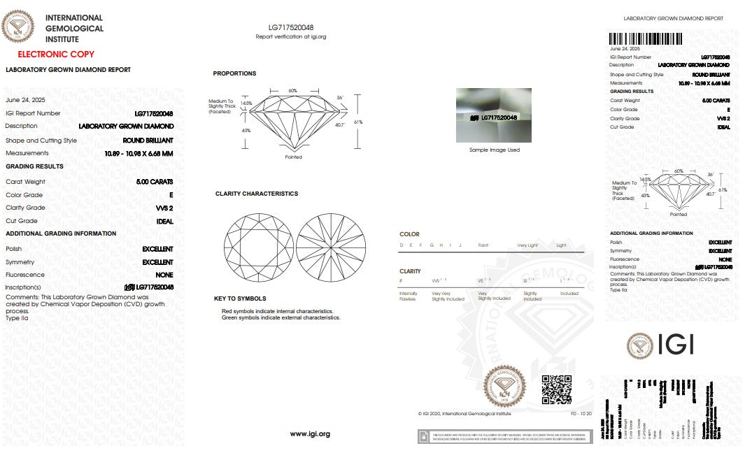 5.0CT VVS2 E 717520048 Round Cut Lab Grown Diamond