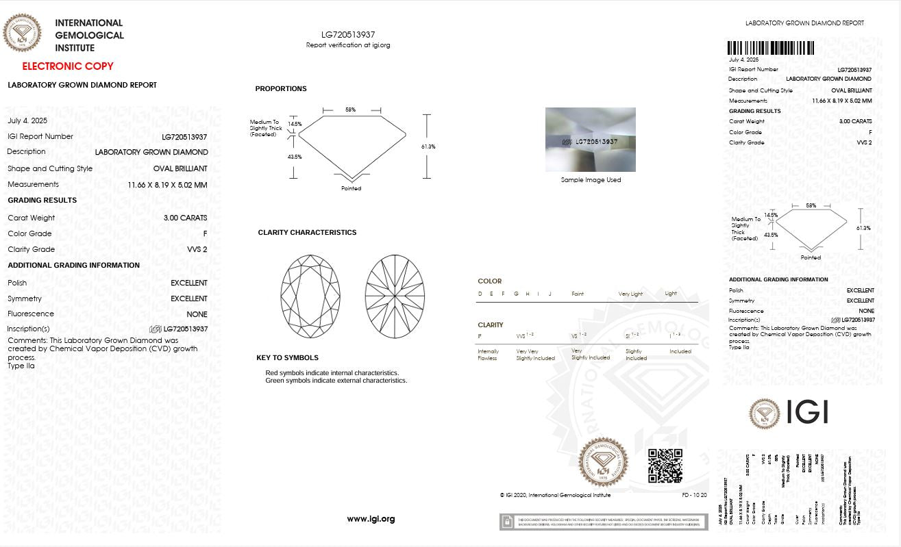 3.0CT VVS2 F 720513937 Oval Cut Lab Grown Diamond