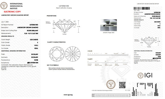 3.0CT VVS2 E 720561353 Round Cut Lab Grown Diamond