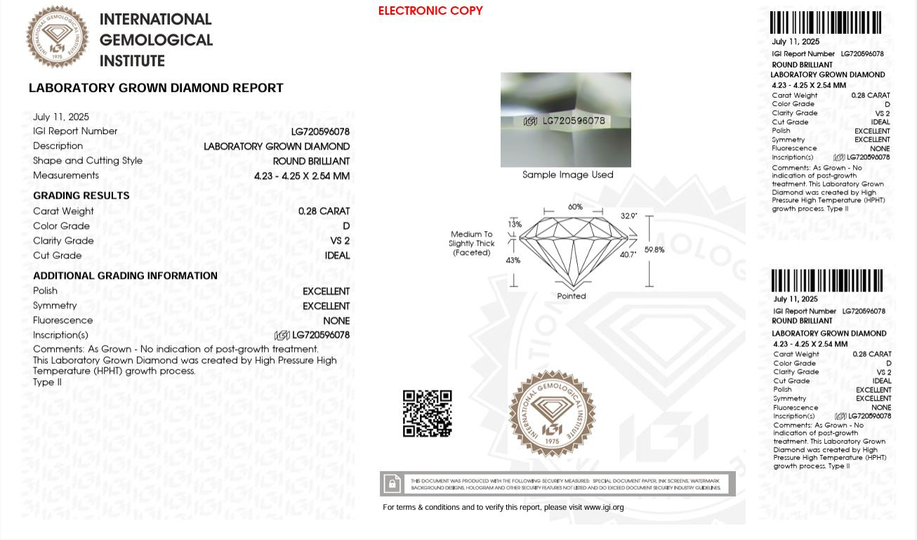 0.28CT VS2 D 720596078 Round Cut Lab Grown Diamond