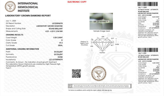 0.28CT VS2 D 720596078 Round Cut Lab Grown Diamond