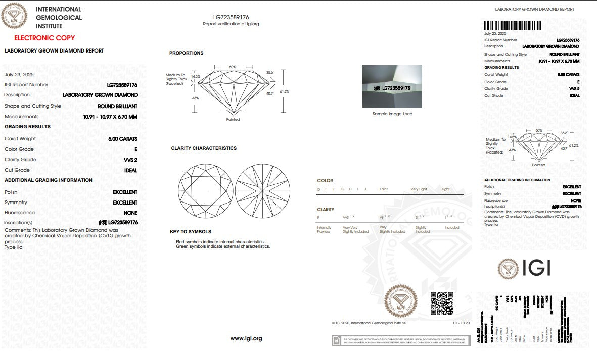 5CT VVS2 E 723589176 Round Cut Lab Grown Diamond