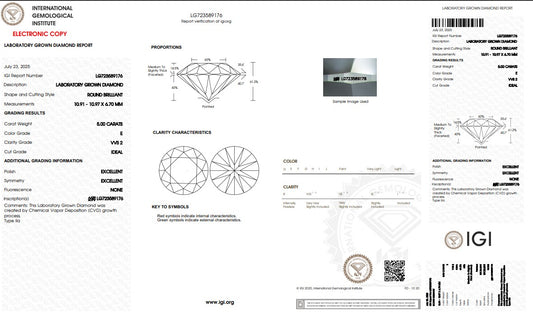 5CT VVS2 E 723589176 Round Cut Lab Grown Diamond