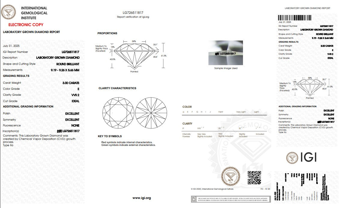 3.0CT VVS2 E 726511817 Round Cut Lab Grown Diamond