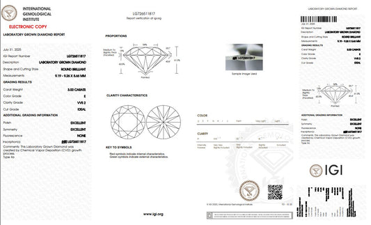 3.0CT VVS2 E 726511817 Round Cut Lab Grown Diamond