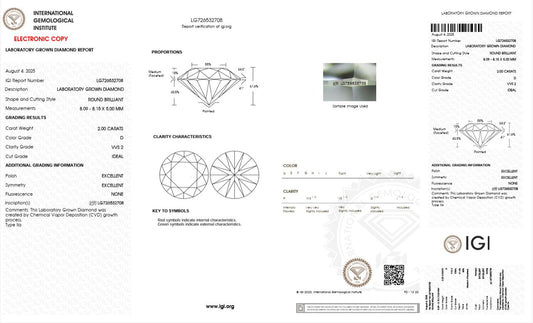2.0CT VVS2 D 726532708 Round Cut Lab Grown Diamond