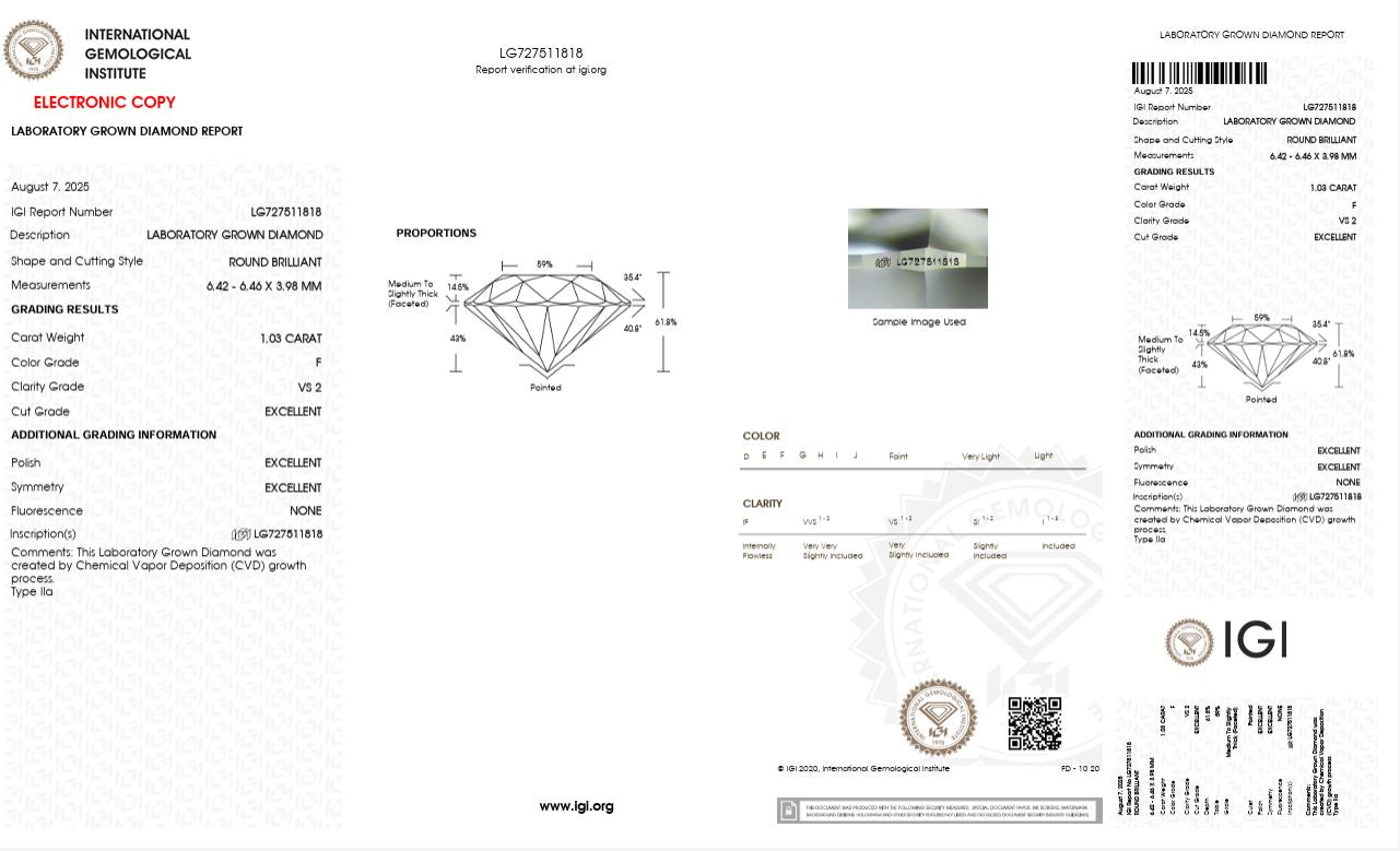 1.03CT VS2 F 727511818 Round Cut Lab Grown Diamond