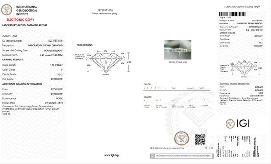 1.03CT VS2 F 727511818 Round Cut Lab Grown Diamond