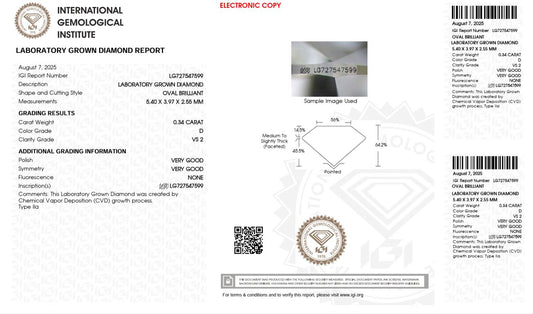 0.34CT VS2 D 727547599 Oval Cut Lab Grown Diamond