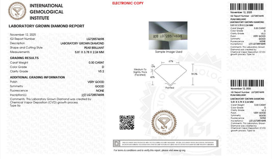 0.30CT VS2 D 728574698 Pear Cut Lab Grown Diamond