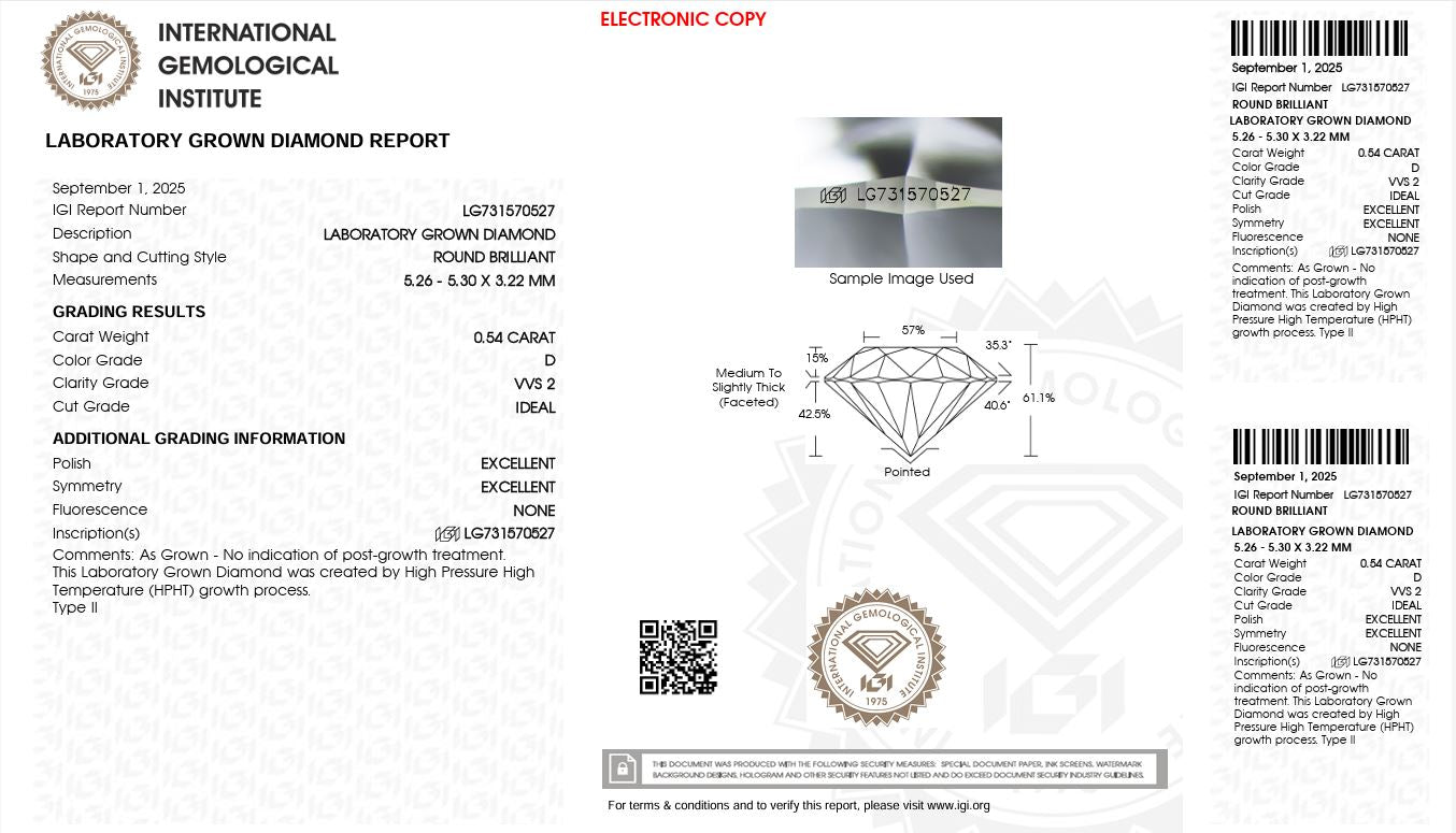 0.54CT VVS2 D 731570527 Round Cut Lab Grown Diamond
