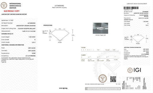 1.0CT VVS2 D 734528382 Cushion Cut Lab Grown Diamond