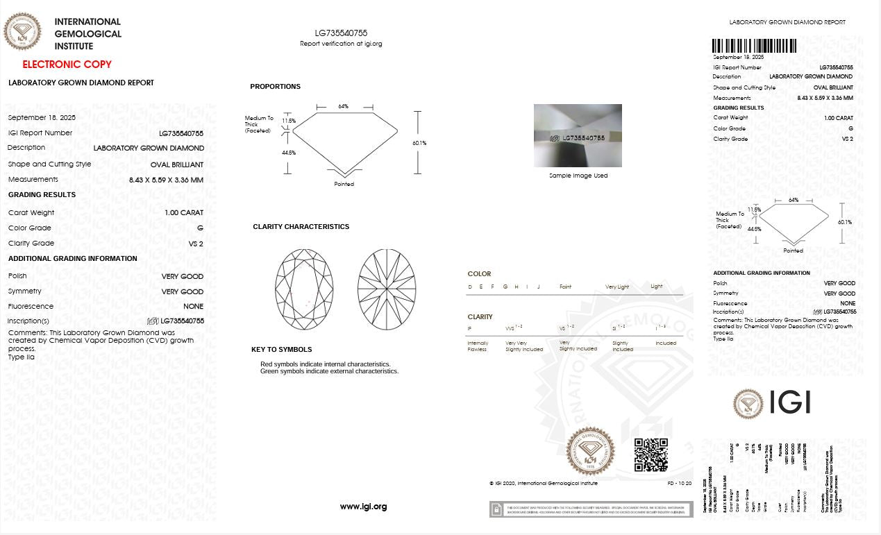 1.0CT VS2 G 735540755 Oval Cut Lab Grown Diamond