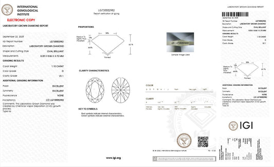 1.10CT VS1 D 735552982 Oval Cut Lab Grown Diamond