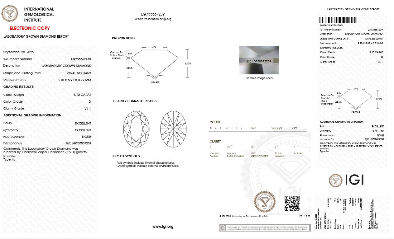 1.10CT VS1 D 735567239 Oval Cut Lab Grown Diamond