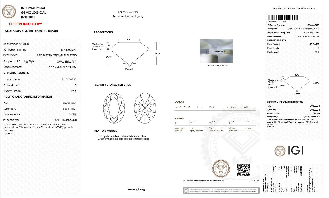 1.10CT VS1 D 735567420 Oval Cut Lab Grown Diamond