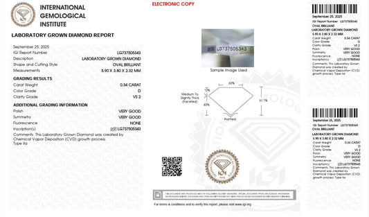 0.34CT VS2 D 737505343 Oval Cut Lab Grown Diamond