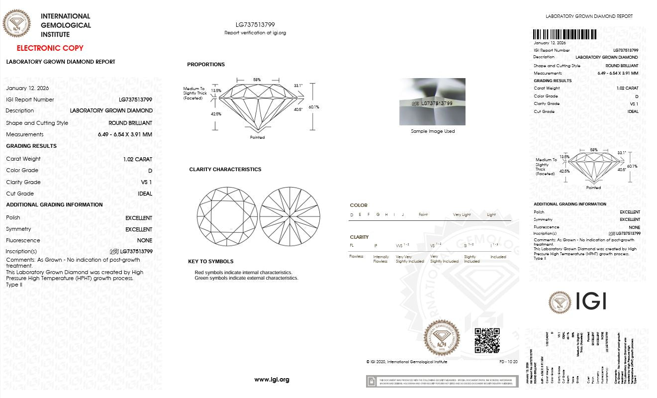1.02CT VS1 D 737513799 Round Cut Lab Grown Diamond