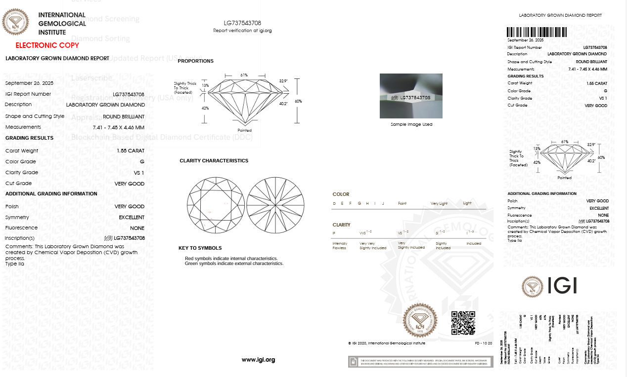 1.55CT VS1 G 737543708 Round Cut Lab Grown Diamond