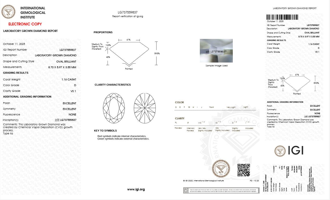 1.16CT VS1 D 737559837 Oval Cut Lab Grown Diamond