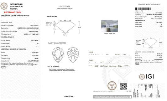 1.52CT VS2 G 741520323 Pear Cut Lab Grown Diamond