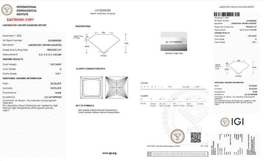1.0CT VVS1 D 743590200 Princess Cut Lab Grown Diamond