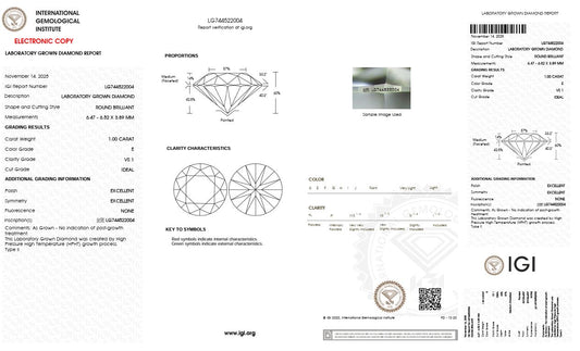 1.00CT VS1 E 744522004 Round Cut Lab Grown Diamond