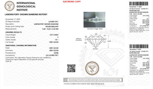 0.57CT VS1 F 745517871 Round Cut Lab Grown Diamond