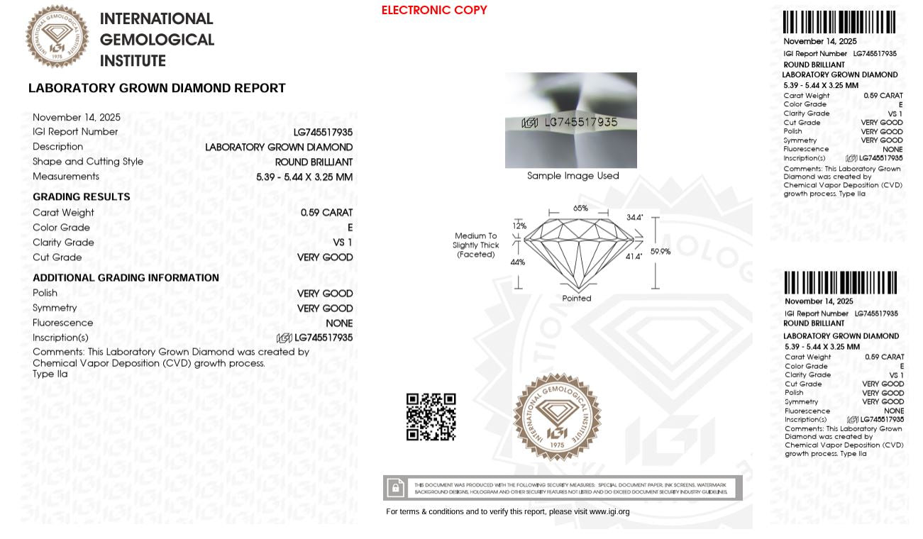0.59CT VS1 E 745517935 Round Cut Lab Grown Diamond