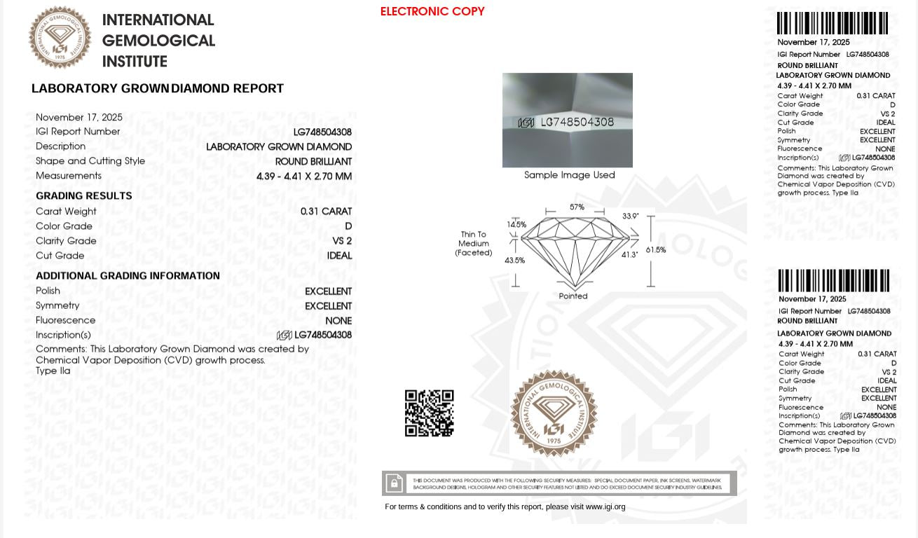0.31CT VS2 D 748504308 Round Cut Lab Grown Diamond