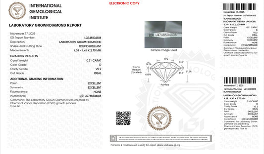 0.31CT VS2 D 748504308 Round Cut Lab Grown Diamond