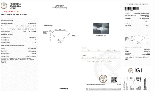 1.0CT VVS2 F 749564879 Cushion Cut Lab Grown Diamond